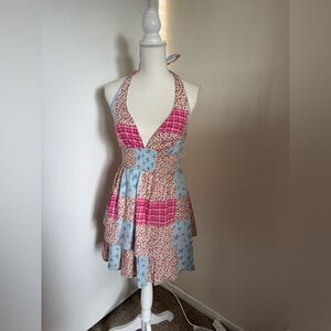Beauty and Grace Patchwork Halter Summer Dress in Pink & Light Blue Size Small
